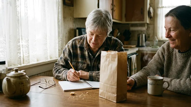 A kitchen table with a light roast coffee bag, reading glasses and an open notebook
