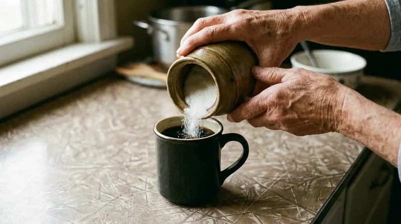 A grandmother's hands pouring sugar from a jar into a mug