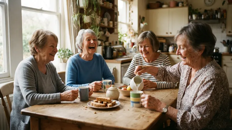 Four older women laughing around a kitchen table with coffee mugs
