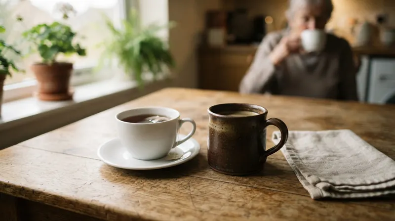 A teacup with a tea bag beside a coffee mug on a wooden table
