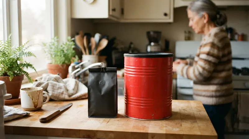 A small specialty coffee bag beside a large red supermarket coffee can