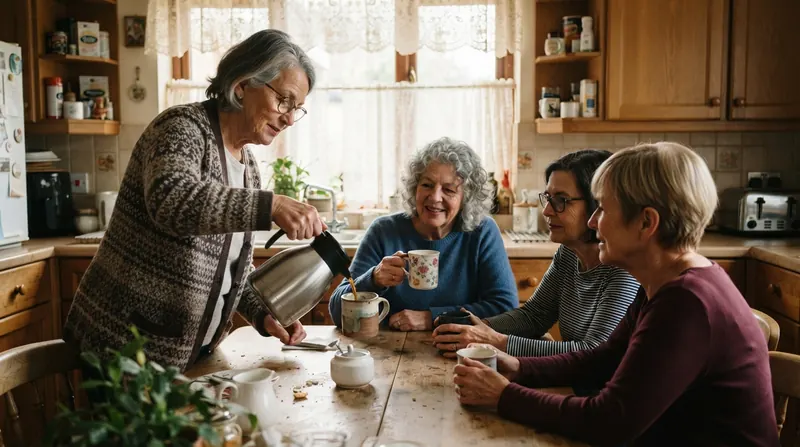 An older woman pouring coffee from a diner carafe at a kitchen table