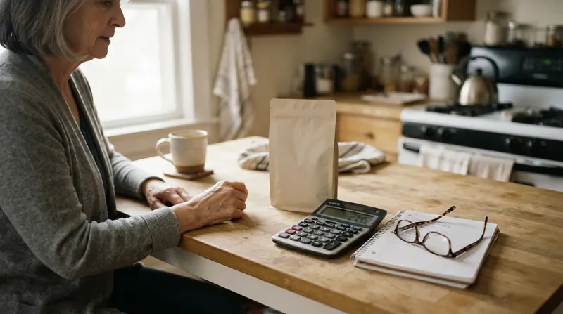 A kitchen counter with a coffee bag, a calculator and a pair of reading glasses