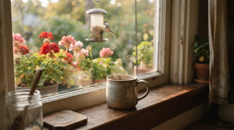 A steaming mug on a kitchen windowsill with plants outside