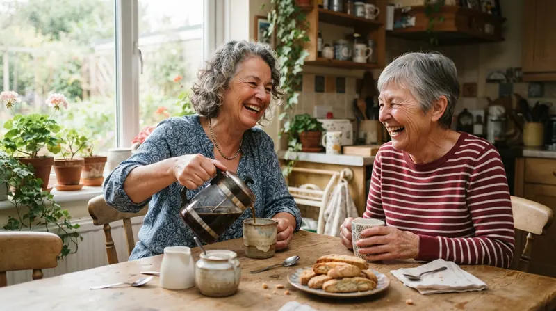 Two older women laughing over coffee at a kitchen table with a carafe