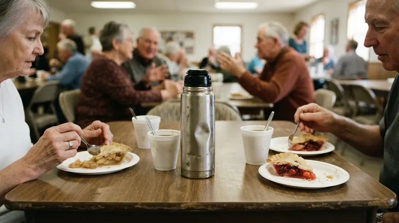A thermos and pie slices on a church potluck table