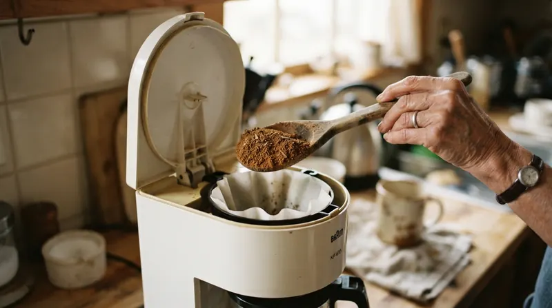 A wooden spoon with light roast coffee grounds over a drip machine