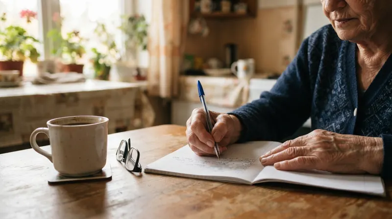 An older woman's hands writing a letter at a kitchen table with a mug nearby