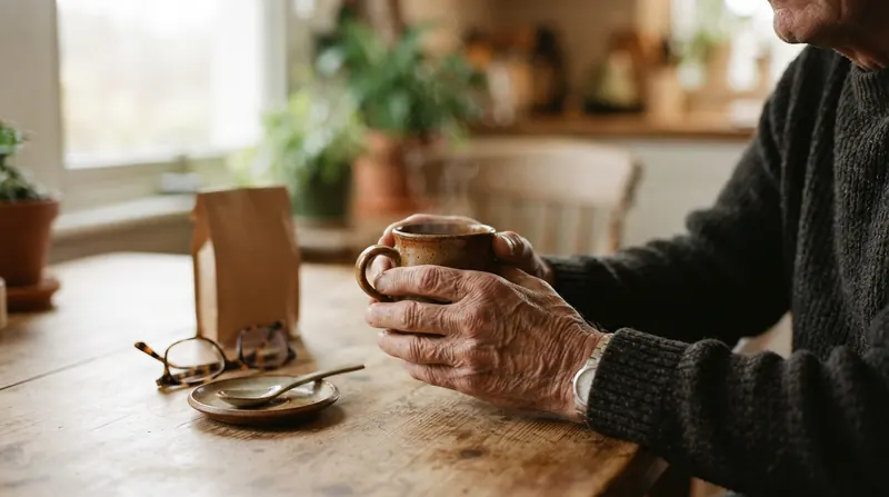 An older man's hands cradling a warm mug at a kitchen table